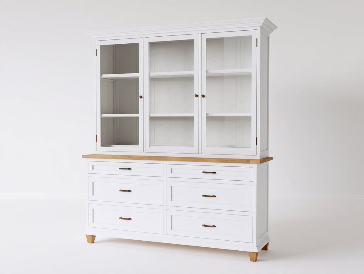 Vitrine - Bois-Verre-Métal - 150 x 45 x 190 cm - Blanc-Bois naturel - Style classique