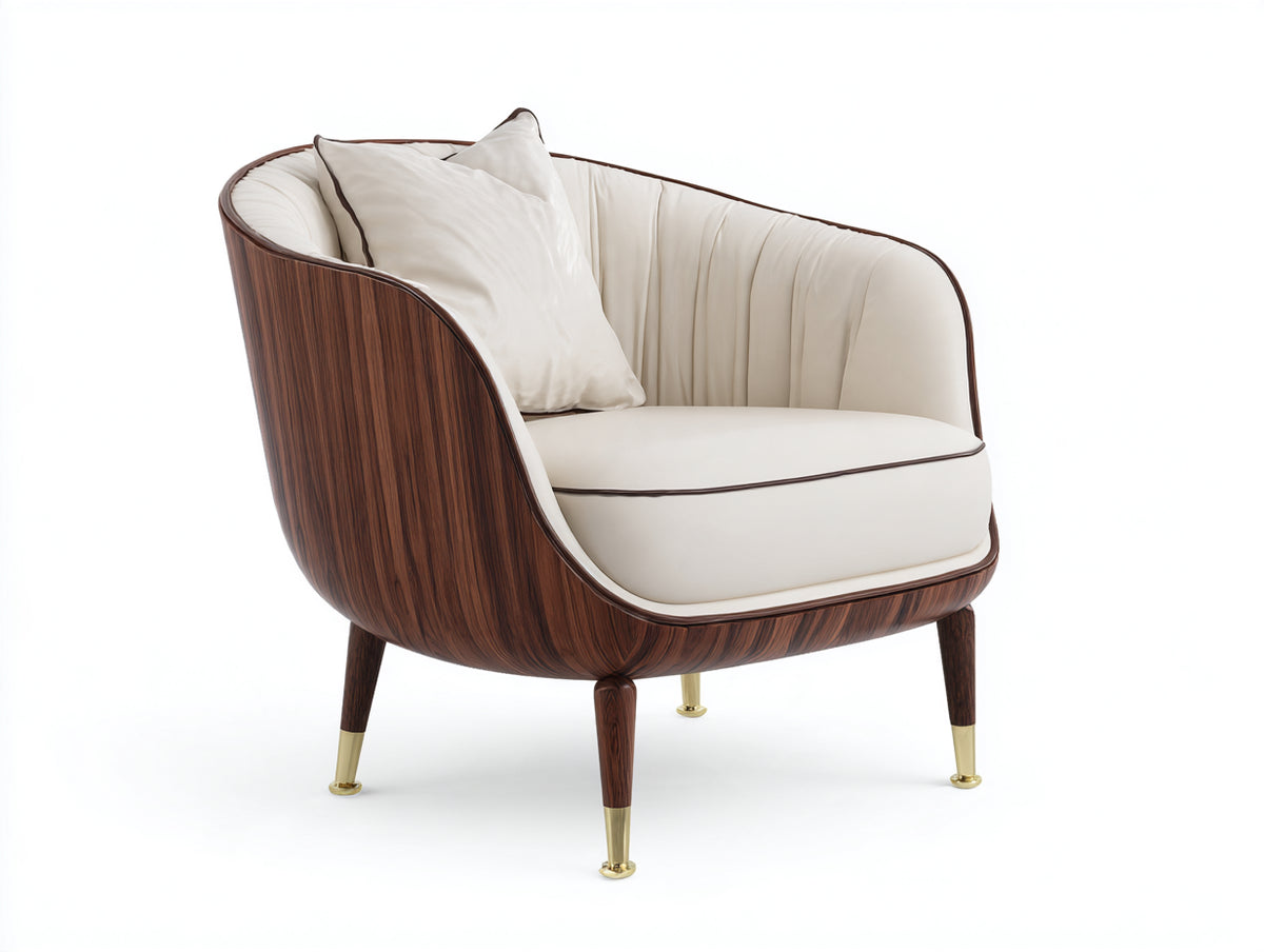 Fauteuil-Bois-Tissu-88x82x78 cm-Blanc cassé-Marron-Style moderne contemporain