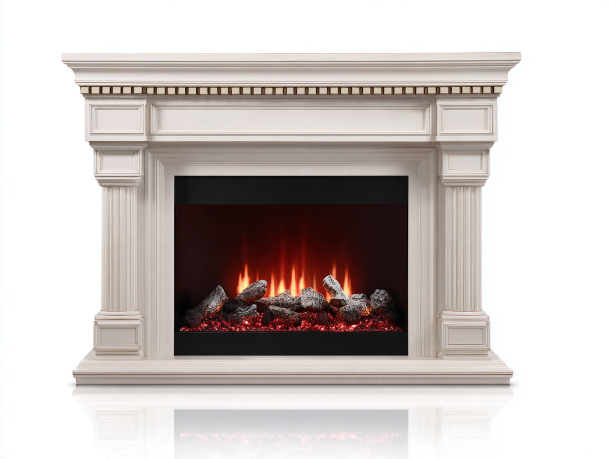 Cheminée électrique - Bois-Métal-Verre - 180 x 40 x 115 cm - Blanc-Noir - Style classique avec effet flamme décoratif
