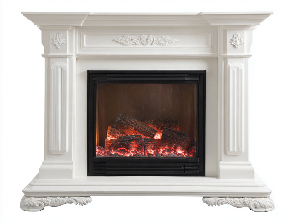Cheminée électrique - Bois-Métal-Verre - 170 x 40 x 115 cm - Blanc-Noir - Style classique avec effet flamme LED